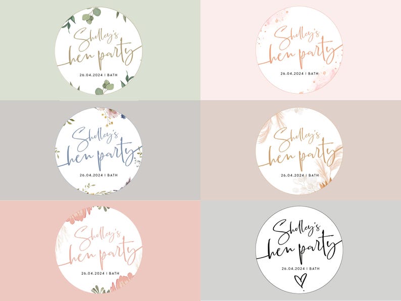 May include: Six round white stickers with floral designs and the text "Shelley's hen party" and a date. The stickers have different floral designs and colors, including green, pink, blue, and gold.