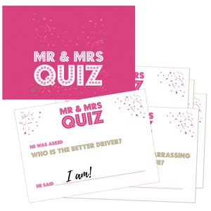 Puede incluir: Una tarjeta rosa con texto blanco que dice "MR & MRS QUIZ". La tarjeta está decorada con confeti y serpentinas. Hay varias otras tarjetas en el fondo.