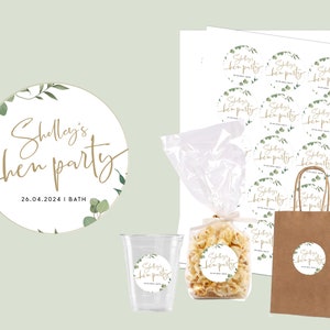 May include: A set of printable stickers with a green and gold design. The stickers feature the text "Shelley's hen party 26.04.2024 | BATH".