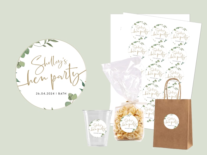 May include: A set of printable stickers with a green and gold design. The stickers feature the text "Shelley's hen party 26.04.2024 | BATH".