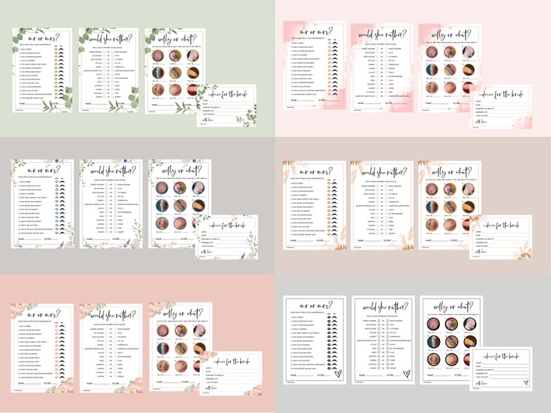 Puede incluir: Cuatro juegos de ducha nupcial imprimibles con un dise&ntilde;o floral rosa, verde y blanco. Los juegos son "Esto o aquello", "&iquest;Qu&eacute; preferir&iacute;as?" y "&iquest;Totalmente o qu&eacute;?" Cada juego tiene una tarjeta separada para "Consejos para la novia".