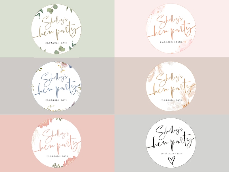 May include: Six round stickers with a white background and different floral designs. Each sticker has the text "Shelley's hen party" in black cursive script and the date "26.04.2024" and the word "BATH" in smaller black text.