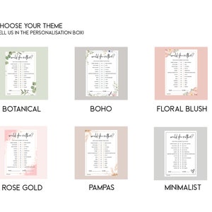 Puede incluir: Seis dise&ntilde;os imprimibles diferentes para un juego de despedida de soltera llamado "Would she rather?" Los dise&ntilde;os incluyen bot&aacute;nico, boho, floral blush, oro rosa, pampas y minimalista.