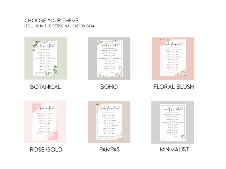 Puede incluir: Seis dise&ntilde;os imprimibles diferentes para un juego de despedida de soltera llamado "Would she rather?" Los dise&ntilde;os incluyen bot&aacute;nico, boho, floral blush, oro rosa, pampas y minimalista.