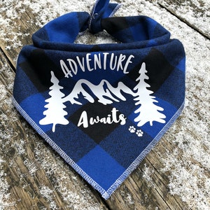 ADVENTURE AWAITS dog bandana // Hiking with dogs // Hiking dog bandana // Personalized dog bandana // Plaid dog bandana // Blue and black