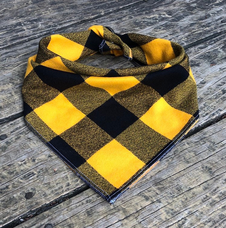 Black and Yellow Plaid Flannel Over the Collar Dog Bandana Large 