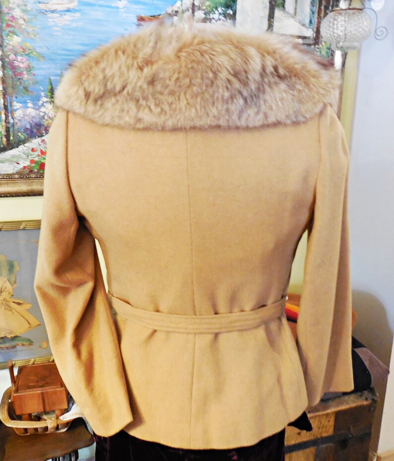 Vintage Camel Fur Collar Coat Jacket Tie Waist Fitted Satin Lining Women/'s Leamond Dean Designs Coat