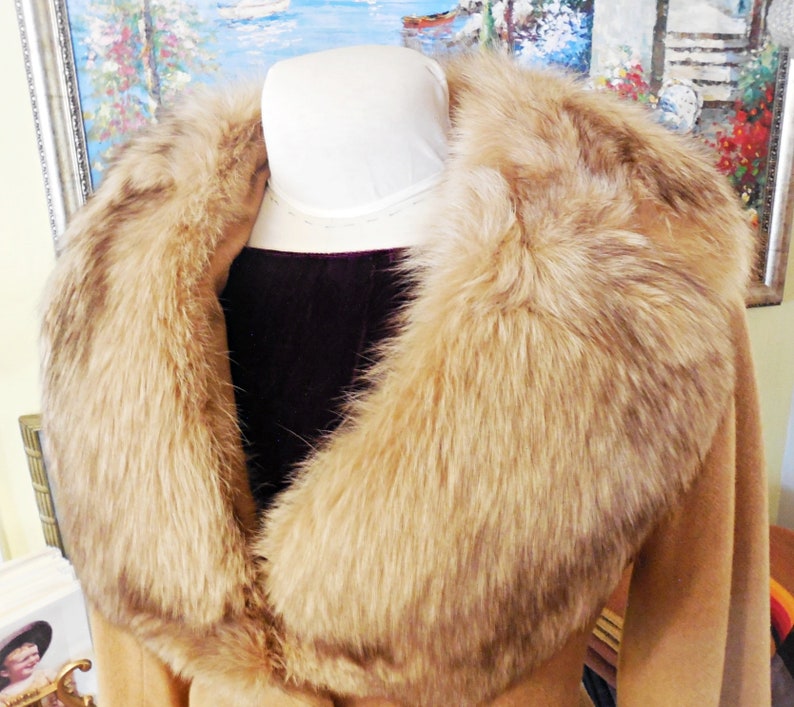 Vintage Camel Fur Collar Coat Jacket Tie Waist Fitted Satin Lining Women/'s Leamond Dean Designs Coat