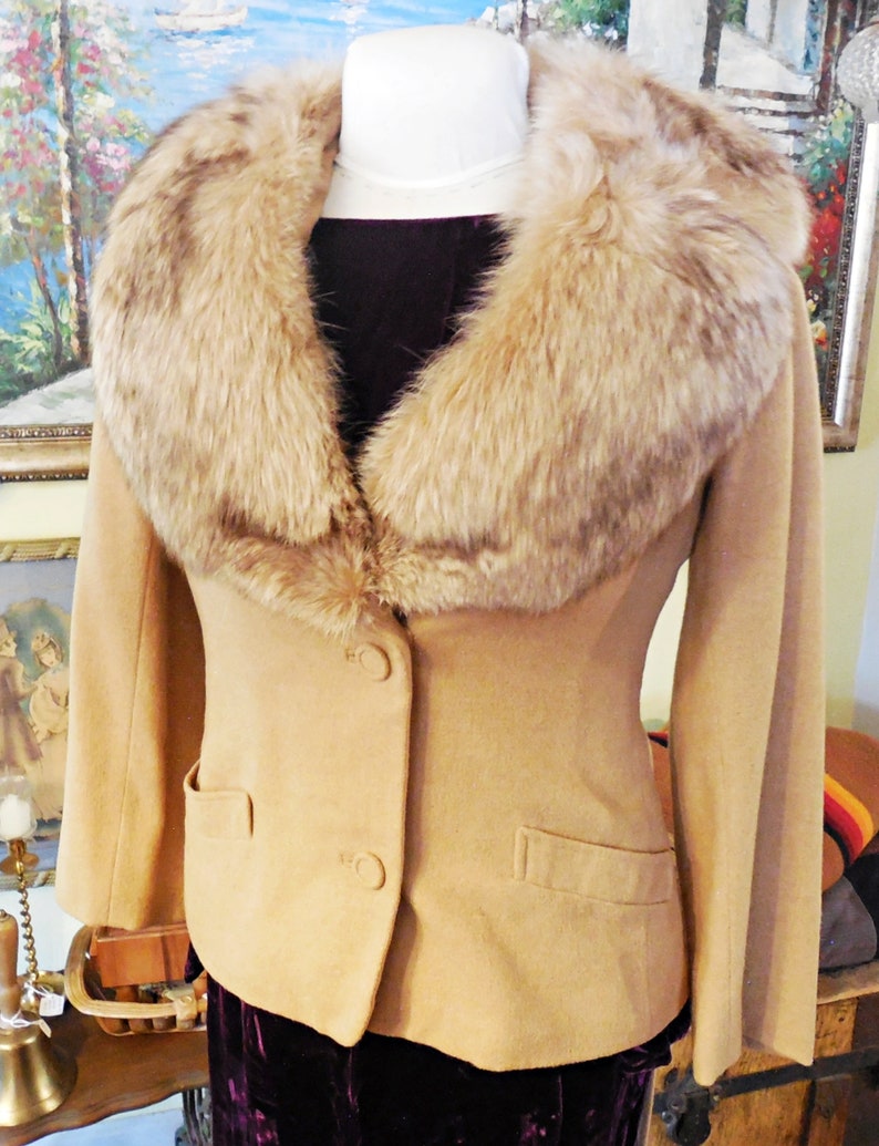 Vintage Camel Fur Collar Coat Jacket Tie Waist Fitted Satin Lining Women/'s Leamond Dean Designs Coat