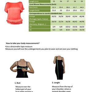 K&ouml;nnte beinhalten: Gr&ouml;&szlig;entabelle f&uuml;r eine Korallenbluse mit Ma&szlig;en in Zoll und Zentimetern. Die Tabelle zeigt die Brust- und L&auml;ngenma&szlig;e f&uuml;r die Gr&ouml;&szlig;en XS, S, M, L und XL. Die Tabelle enth&auml;lt auch die entsprechenden Gr&ouml;&szlig;en f&uuml;r Europa, Gro&szlig;britannien und die USA.
