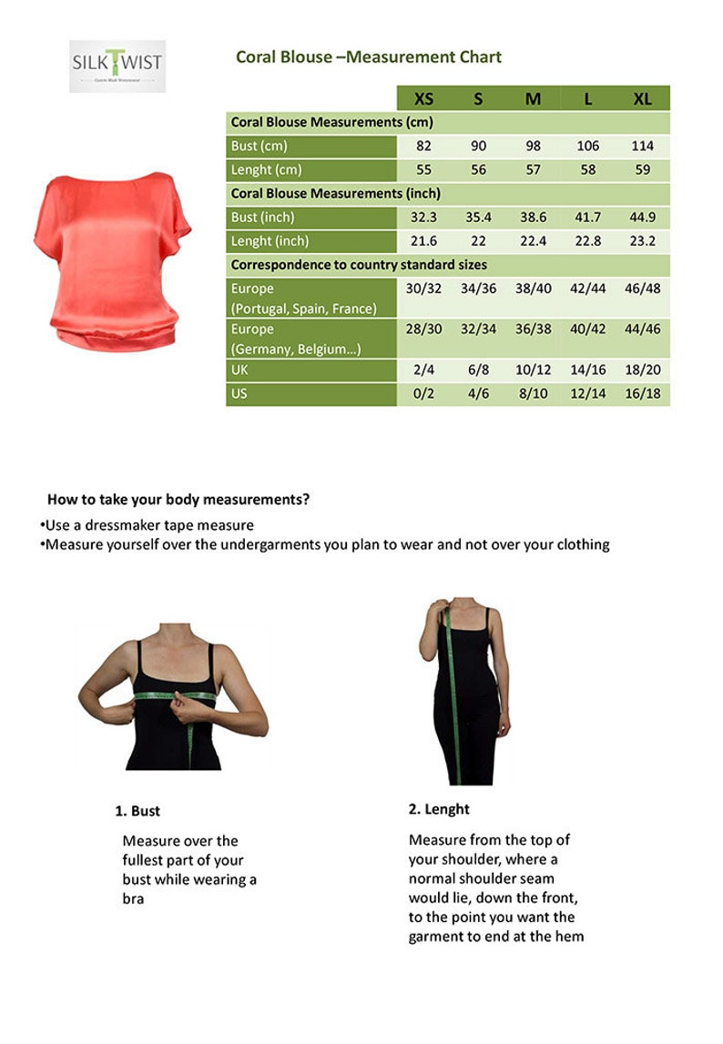 K&ouml;nnte beinhalten: Gr&ouml;&szlig;entabelle f&uuml;r eine Korallenbluse mit Ma&szlig;en in Zoll und Zentimetern. Die Tabelle zeigt die Brust- und L&auml;ngenma&szlig;e f&uuml;r die Gr&ouml;&szlig;en XS, S, M, L und XL. Die Tabelle enth&auml;lt auch die entsprechenden Gr&ouml;&szlig;en f&uuml;r Europa, Gro&szlig;britannien und die USA.