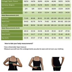 K&ouml;nnte beinhalten: Eine Gr&ouml;&szlig;entabelle f&uuml;r Damenbekleidung, die die entsprechenden Gr&ouml;&szlig;en in Zoll und Zentimetern f&uuml;r verschiedene L&auml;nder zeigt. Die Tabelle enth&auml;lt die Ma&szlig;e f&uuml;r Brust, Taille und H&uuml;fte.