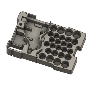 May include: A gray plastic organizer with multiple circular holes and compartments. The organizer has a unique shape with various sections and is designed to hold small items.