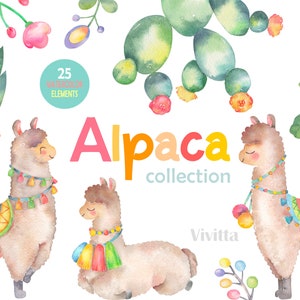 Puede incluir: Ilustración de acuarela de 25 elementos de alpaca, incluyendo alpacas con borlas coloridas, cactus y flores. El texto "Colección de alpacas" está escrito en una fuente colorida.