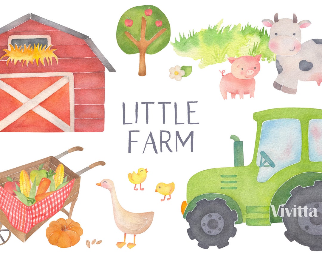 Little Farm, Watercolor Farm Animals Clipart / Clip Art - Cow, Chicken ...