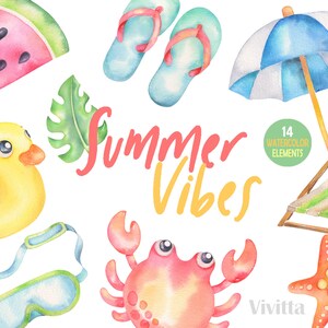 Summer Vibes, watercolor clipart, beach elements, summer party