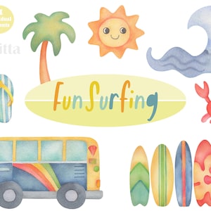 Fun Surfing, watercolor clipart, van, palm, wave, crab, surfboards, seamless patttern