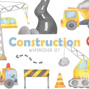 Voitures de construction, clipart, graphiques peints à la main, machines, pelleteuse, bâtiment, bulldozer, grue