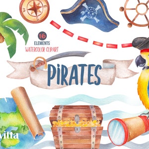 Puede incluir: Conjunto de 16 ilustraciones de temática pirata en acuarela. Incluye un cofre del tesoro, un loro, una brújula, un catalejo, una palmera, un mapa, un sombrero de pirata, un timón de barco y una pancarta que dice "PIRATES".