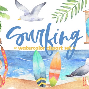 Surfing watercolor clipart set, surfboard, summer, hawaii, ocean, travel, palms, seagull, guitar, tropical watercolor