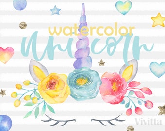 Unicorn watercolor clipart, floral, cute unicorn face