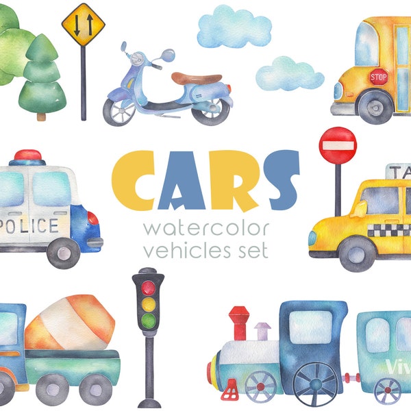 Cars, watercolor transport clipart, vehicles, city, boys, bus, police, taxi, moto, traffic, fire truck, ambulance.