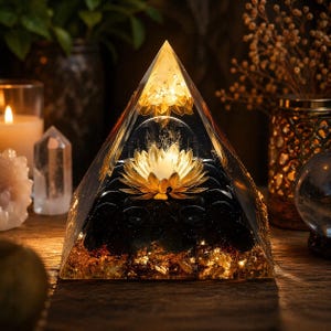 Peut inclure: Une pyramide décorative avec une fleur de lotus dorée. La pyramide est faite de résine transparente avec des paillettes dorées et une lumière chaude. La pyramide est posée sur une surface en bois.