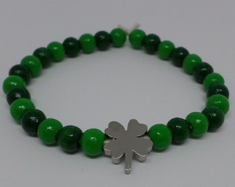 Wood beads Bracelet - cloverleaf stainless steel - dark green