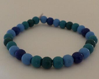 Wood beads Bracelet - green & blue - with natural rubber