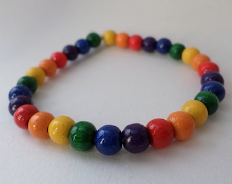 Wood beads Bracelet - rainbow colours , dark - with natural rubber