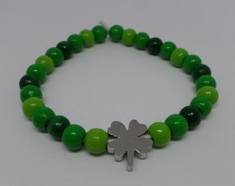 Wood beads Bracelet - cloverleaf stainless steel - green