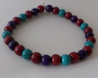 Wood beads Bracelet - purple , red & green - with eco elastic band