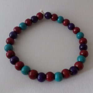 Wood beads Bracelet purple , red & green with eco elastic band image 2