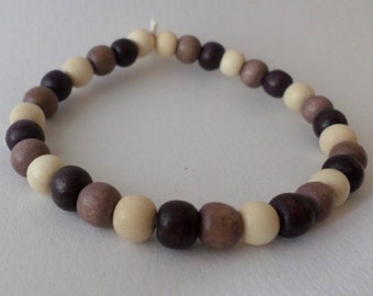 Wood beads Bracelet - with natural rubber - brown & white - shabby chic