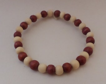 Wood beads Bracelet - bordeaux red and cream white - with eco elastic band