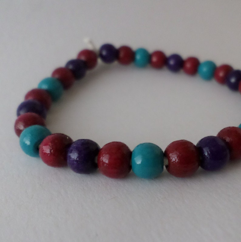 Wood beads Bracelet purple , red & green with eco elastic band image 3