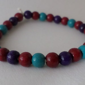 Wood beads Bracelet purple , red & green with eco elastic band image 4