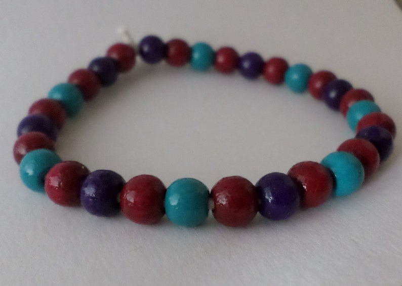 Wood beads Bracelet purple , red & green with eco elastic band image 4