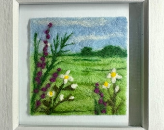 Needle felted picture in frame - landscape with flowers