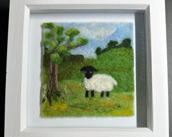 Needle felted picture in frame - landscape with  sheep