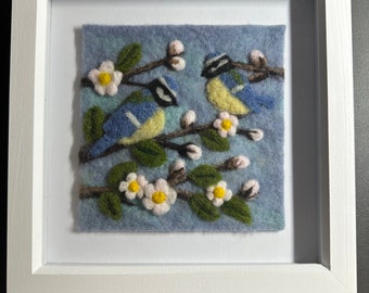 Needle felted picture in frame - bluetits and blossom