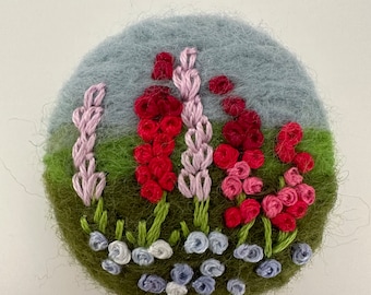 Hand made Needle felted Wool Brooch with hand embroidery - floral design