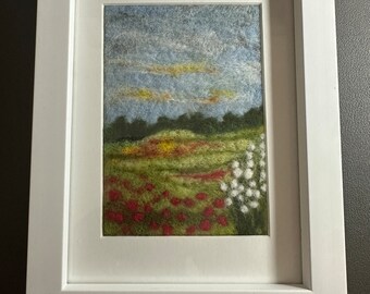 Needle felted picture in frame - landscape with poppies