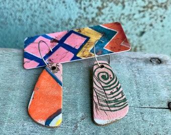 READY to SHIP Ceramic Hooop Earrings Patchwork Yoyo Quilt Stitching Vintage Fabric Print Distressed Texture Green Orange