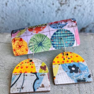 READY to SHIP Ceramic Hoop Earrings Colour Patchwork Yoyo Quilt Patchwork Textile Distressed Pattern Print Vintage