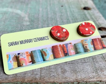 READY to SHIP Ceramic Kilim Stud Earrings Colour Spotty Red Art