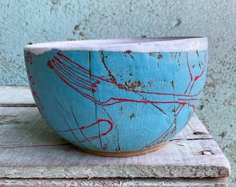 READY TO SHIP Ceramic Pottery Drawn From Life Line Drawings Blue Red Pasta Soup Serving Bowl Dish Rustic Texture Australia