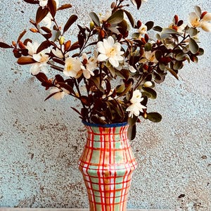 Könnte beinhalten: Eine bunte Keramikvase mit einem rot-grünen Karomuster hält einen Strauß weißer Blumen mit dunkelbraunen Blättern. Die Vase hat einen blauen Rand und steht auf einer Holzoberfläche.