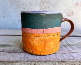 READY TO SHIP Ceramic Cup Mug Flotsam Printed Textured Teal Orange Pink Distressed Rustic Texture Coffee Latte Australia