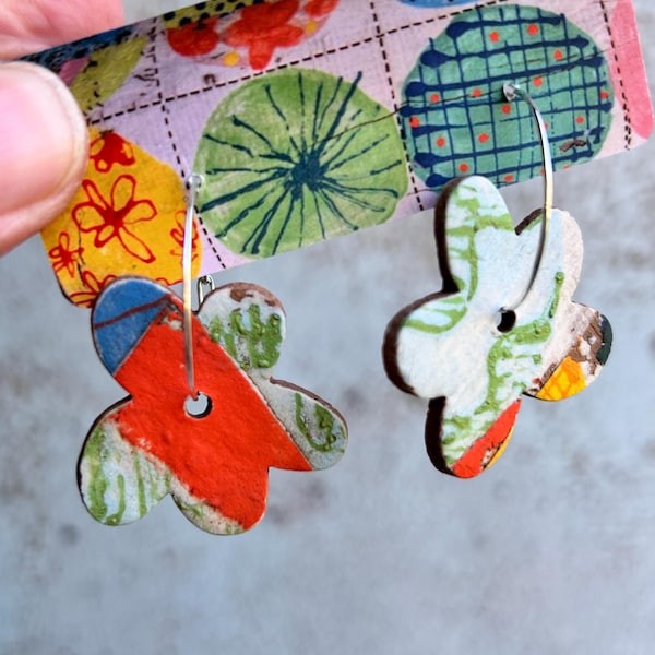 READY to SHIP Ceramic Hoop Earrings Yoyo Print Colour Texture Daisy Flower